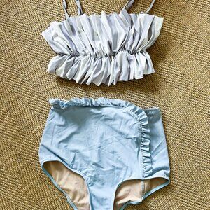 Kortnie Jeane Swim Stripe Ruched Top + Blue Ruffled Bottoms - Size Small